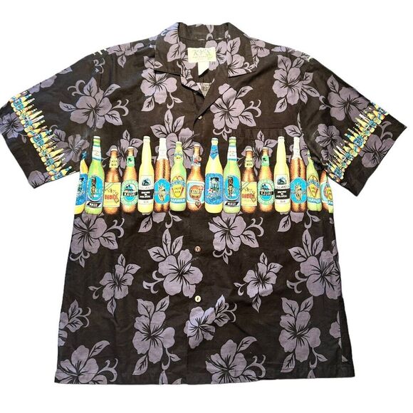 Other - KYS Hawaiian Shirt Lager Beers & Floral Print Men's Large Black Made‎ in USA